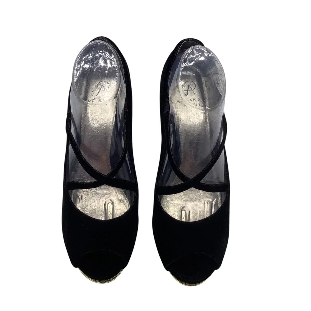 Adrianna Papell Black Velvet Peep Toe Pumps Rhinestone Platform Heels Size 10M